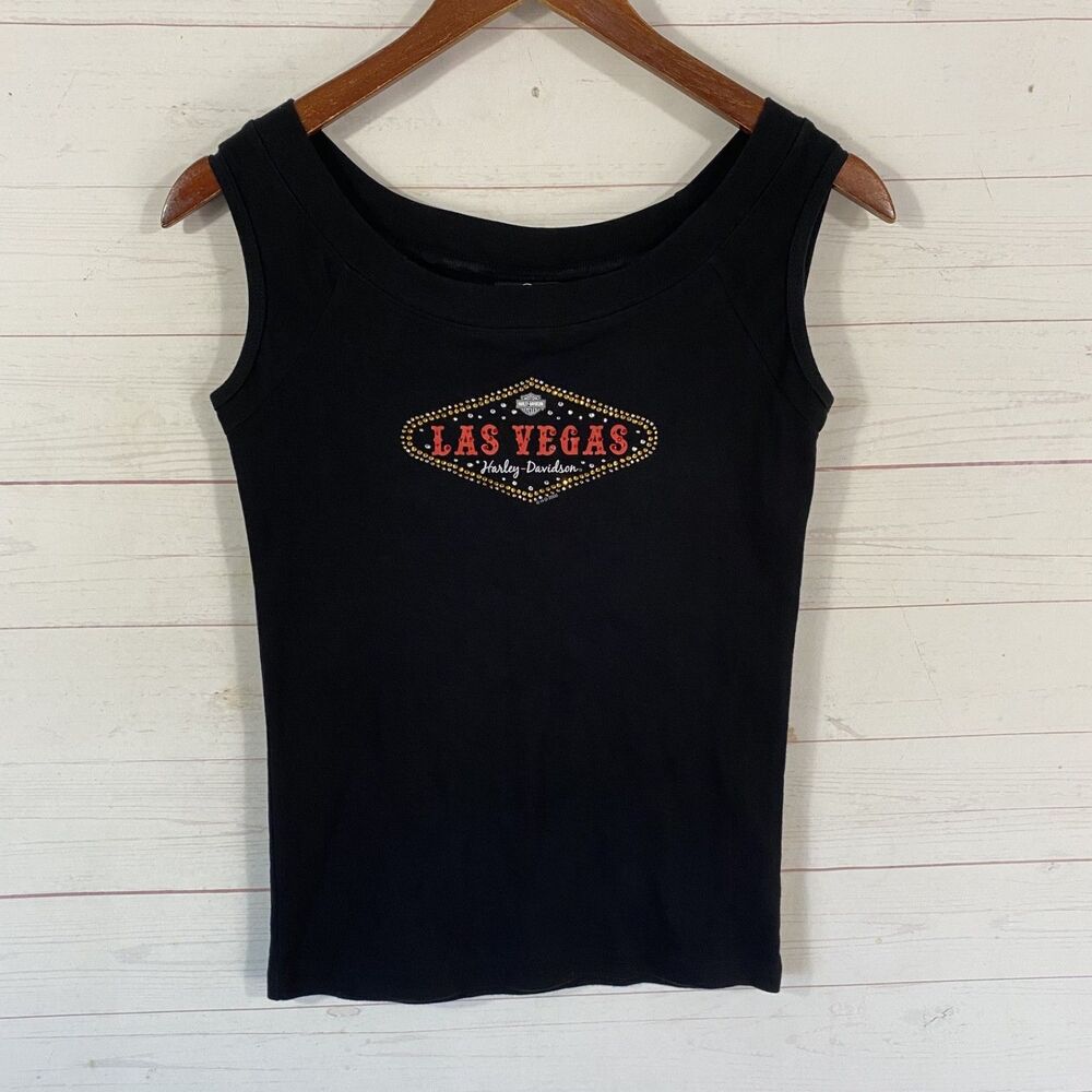 Harley Davidson Womens Las Vegas Embellished Tank Top Sz M Black Cotton Pullover